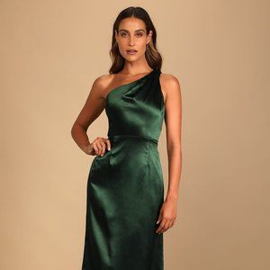 On the Guest List Emerald Green Satin One-Shoulder Maxi Dress